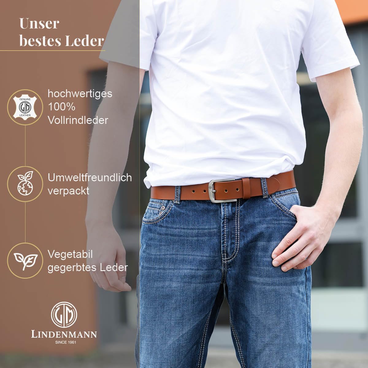 LINDENMANN Herren Ledergürtel Vollrindleder Jeansgürtel cognac