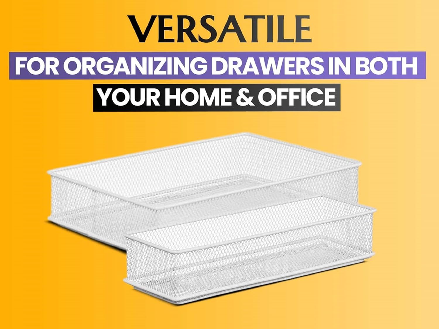 YBM HOME White Mesh Drawer Organizer and Storage for Kitchen Drawers, Serves as School Supply Holder, Office Desktop Organizer Basket, Makeup and Craft Supplies Organization, (2 Pack, 8x12x2 Inch)
