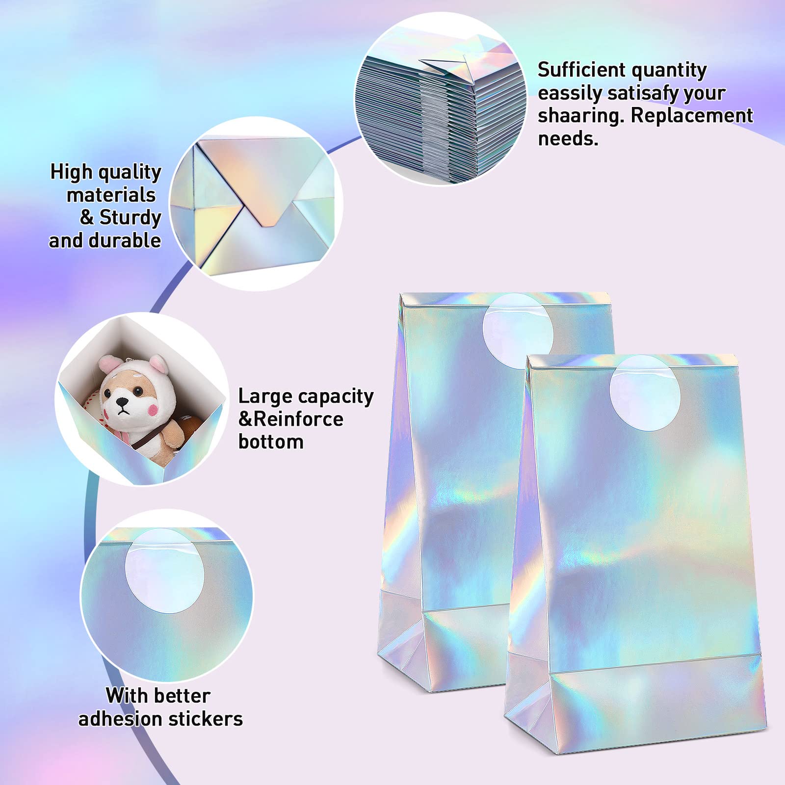 Estune 30 Pcs Iridescent Party Favor Bags with Stickers Holographic Paper Gift Bags 8. 3 x 5 x 3 Inch Reusable Glitter Foil Goodie Candy Handbag for Baby Shower Wedding Birthday Party Supplies