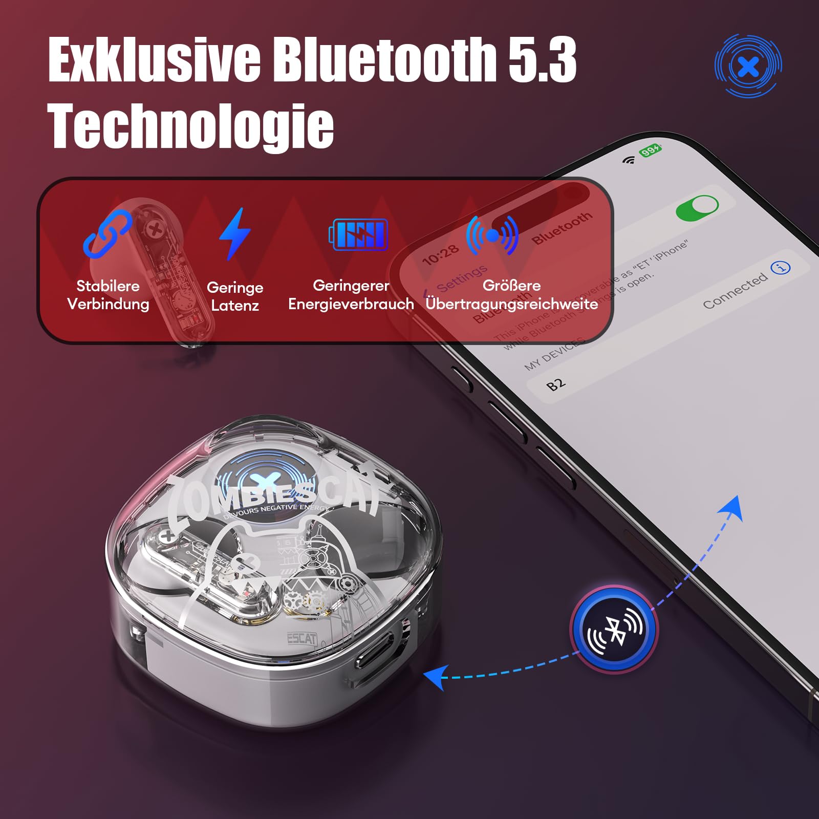 Écouteurs Bluetooth Clip Oreille ZOMBIES CAT M100 - Réduction De Bruit ENC, Léger, Écran Tactile - 6