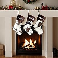 Vista 7 de Medias de Navidad de Felpa Personalizadas de Vaca Juego de 2 Grandes de 20" de Piel Bordada Medias de Navidad Personalizar Nombre Estilo Granja