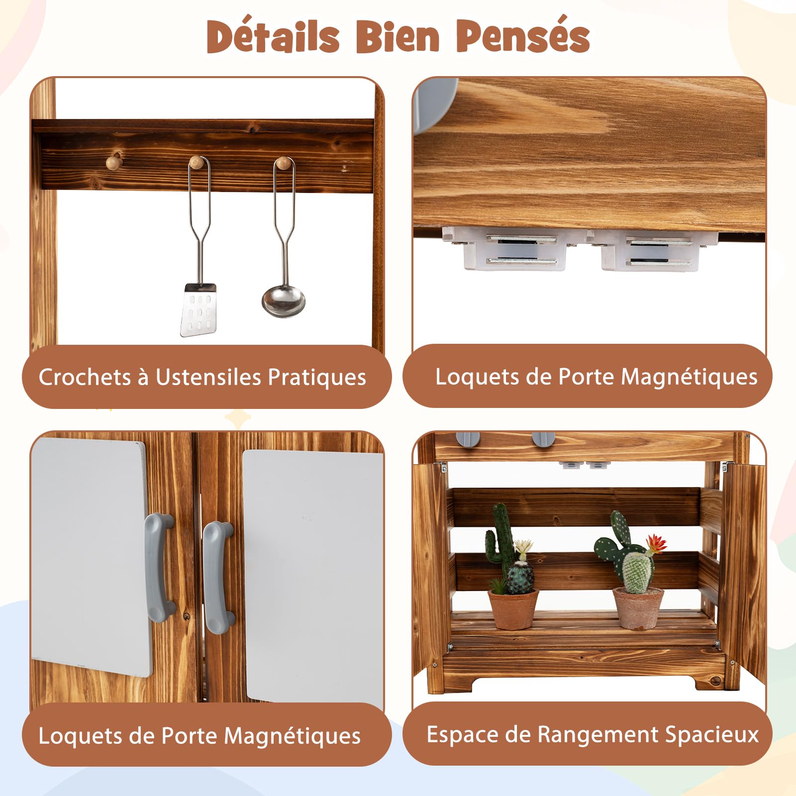 DREAMADE Cuisine de Boue, Jouet de Cuisine pour Enfants avec Évier Amovible, Robinet, Double Réchaud, 4 Pots de Plantation et Tableau Acrylique, Cuisine d’Extérieur en Bois pour Enfants de 3+ Ans