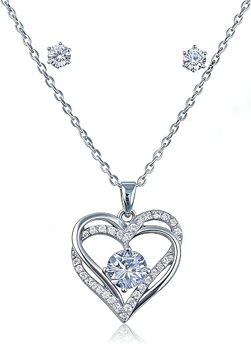 Heart-shaped Necklace and Earrings Set, White Gold Plated with Cubic Zirconia, D