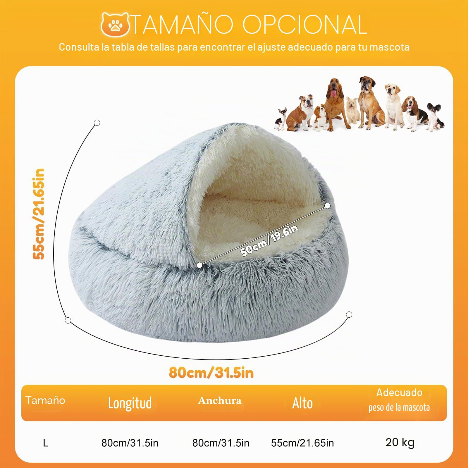 YAGE Cama Grande para Perros de 80 cm, con Capucha y Soportes: mullida y Relajante para Mascotas, Apta para Mascotas de Menos de 20 kg, Cama Tipo Cueva de Lujo Supersuave, Lavable