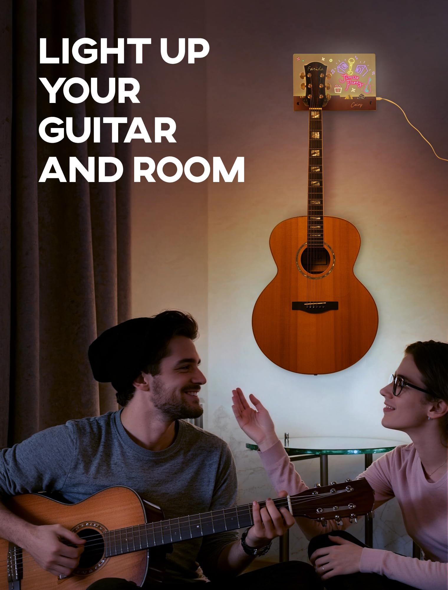 Gitarren-Wandhalterung mit RGB-LED-Zeichenbrett, beschreibbar mit 7-farbigen Markern, Buchenholz und drehbarem Eisenhaken für Akustik-/E-Gitarre/Bass-Display, ideales Geschenk für Musiker, mit USB