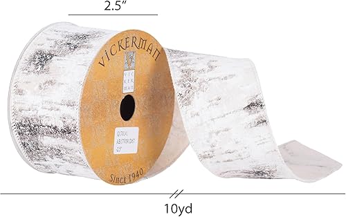 Miniatura 2 de Vickerman Cinta de Navidad con borde de alambre con estampado de abedul de 2.5 pulgadas x 10 yardas, algodón, blanca, cinta de corteza de abedul