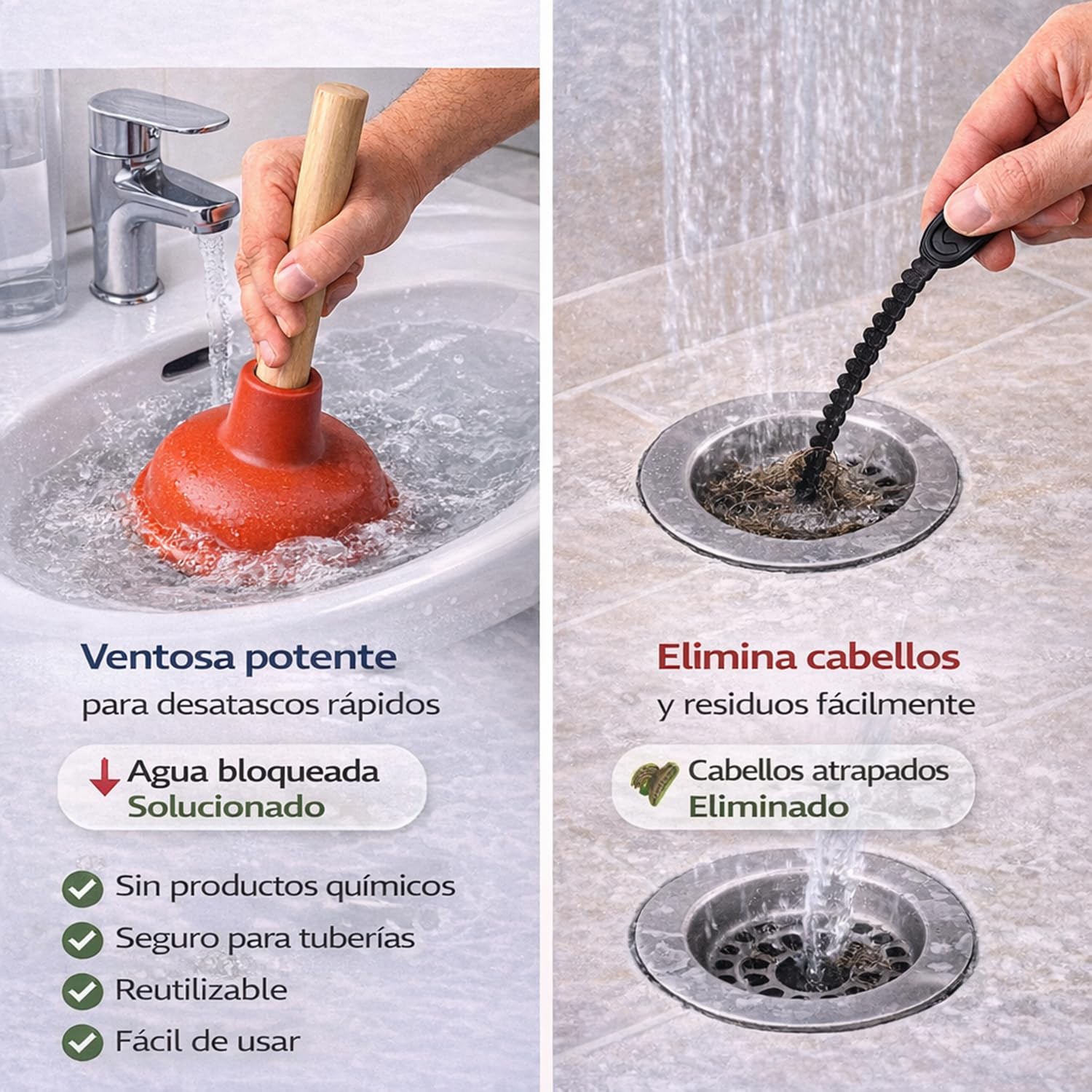 Desatascador Tuberias Profesional con Ventosa de Goma 11 cm y Mango de Madera 23 cm + Desatascador de Cremallera 45 cm – Ventosa Desagüe para Fregadero, Ducha y Lavabo — view 5