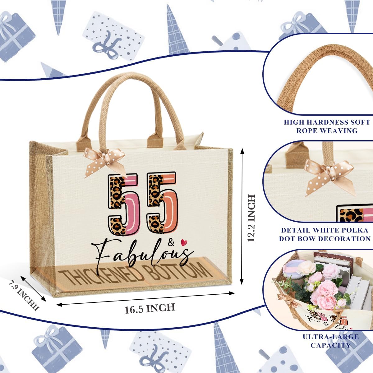 Jute Canvas Tote Bag for Women - 40th 50th 55th 60th 65th 70th 75th 80th Birthday, Mother's Day, Christmas Gift - Image 4