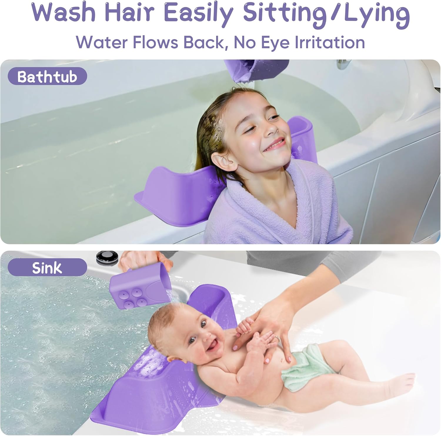 Portable Hair Washing Station for Kids, Toddlers, Children, Teens, Silicone Hair Washing Basin for Sink or Bathtub, Tear-Free Shampoo Bowl with Rinser Cup, Neck Support for Kids, Purple