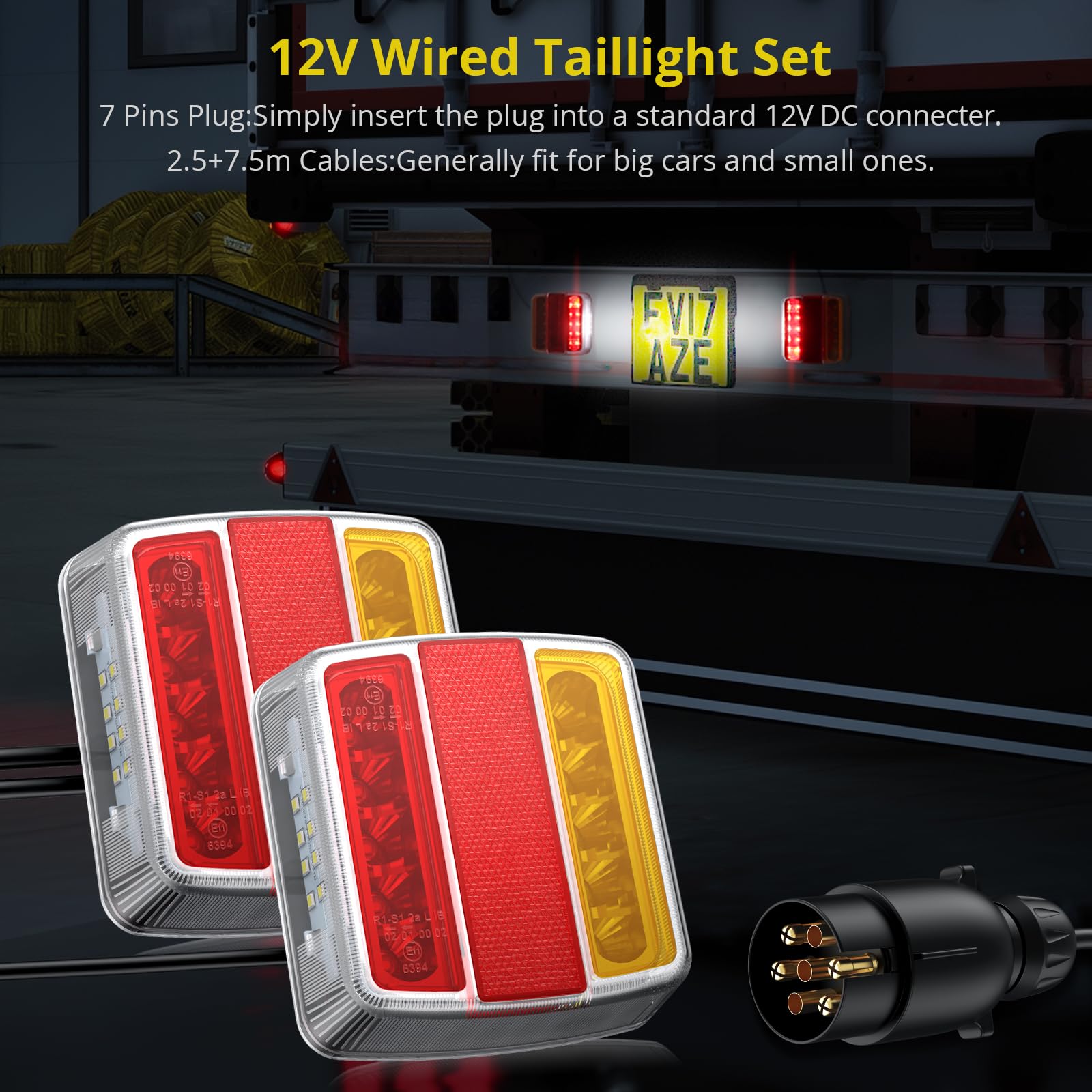 PROZOR Zestaw świateł tylnych LED 12V oświetlenie przyczepy kabel 7-pin 7,5m, okablowany, wodoodporny, montaż za pomocą śrub, znak homologacji E11 ECE, 18 diod LED oświetlenie przyczepy samochodowej