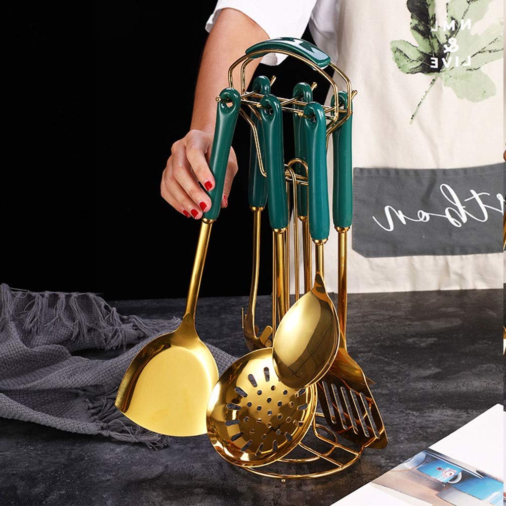 Juego de utensilios de cocina de acero inoxidable con mango de cerámica antiadherente, soporte de almacenamiento, 7 piezas, kit de utensilios de cocina para utensilios de cocina, regalo de color verde