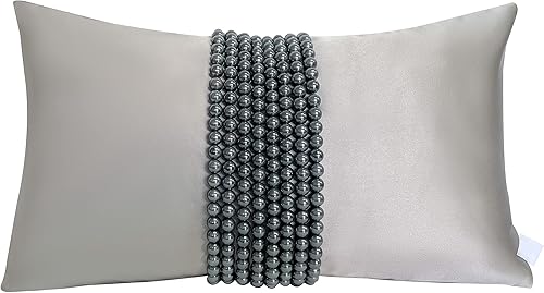 Melody Art Funda de almohada lumbar personalizable de 12 x 20 pulgadas, decorada con perlas negras en suave gris oscuro plateado satinado de lujo
