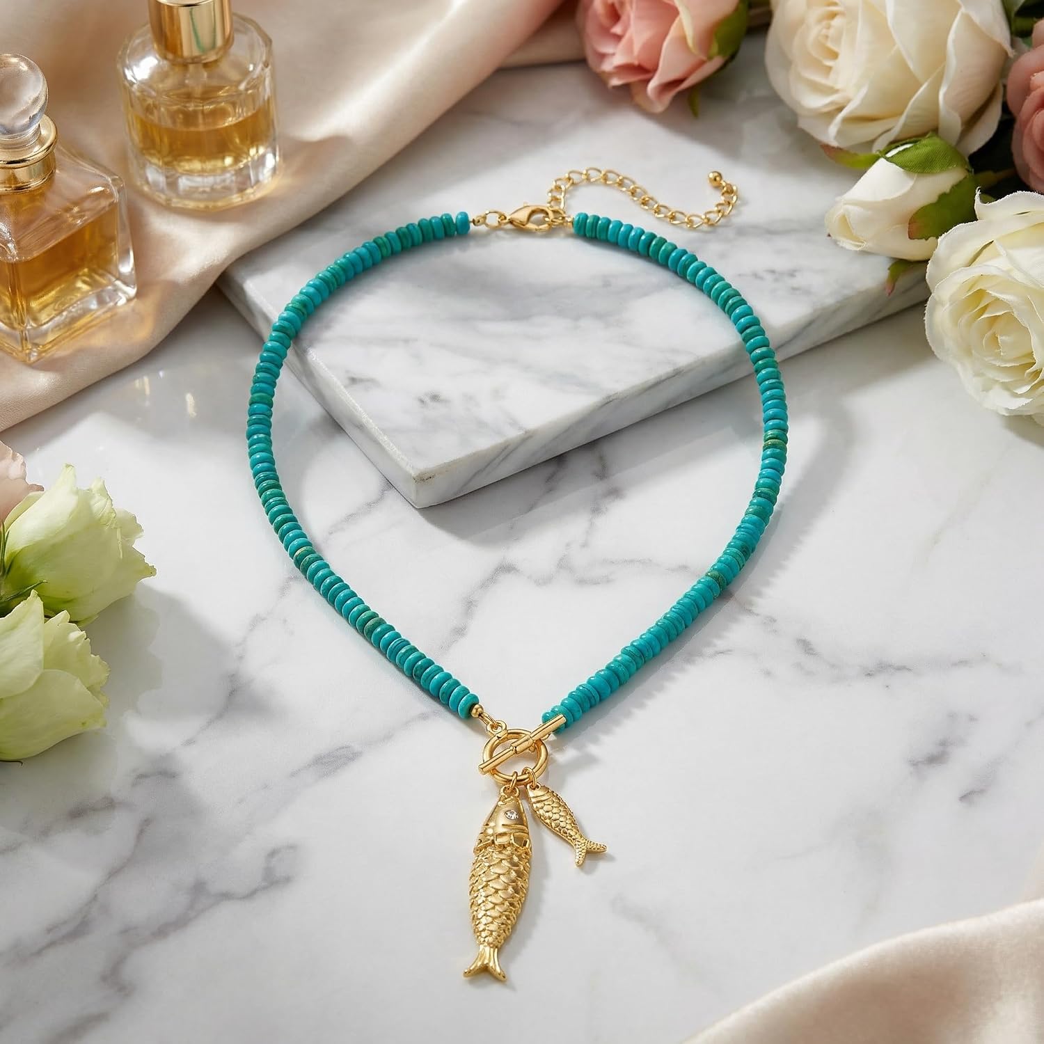CLASSYZINT Gold Fish Necklace Blue Bead Necklace Boho Ocean Necklace Summer Jewelry for Women
