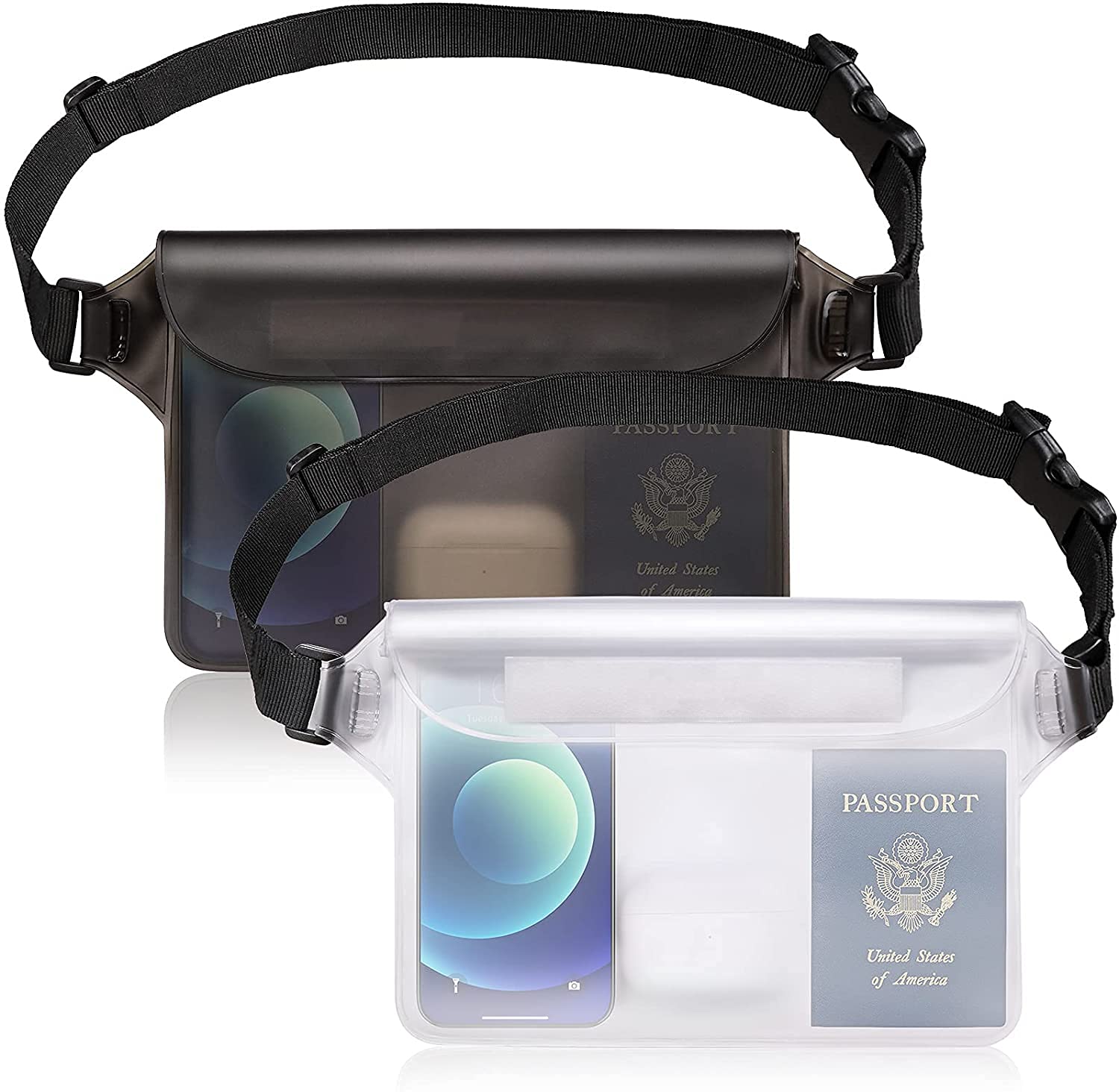 GLBSUNION IPX8 Waterproof Pouch Bag with Adjustable Waist Strap-Screen Touchable Dry Bag with Adjustable Belt for Phone Valuables for Beach Swimming Snorkeling Boating Fishing Kayaking (2 Pack)