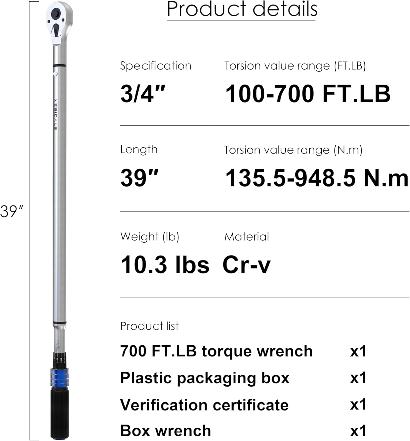 3/4'' 100-700 Ft Lb Torque Wrench Heavy Duty, Dual Direction, High hardness, Long lifetime, Stored In a Solid Case