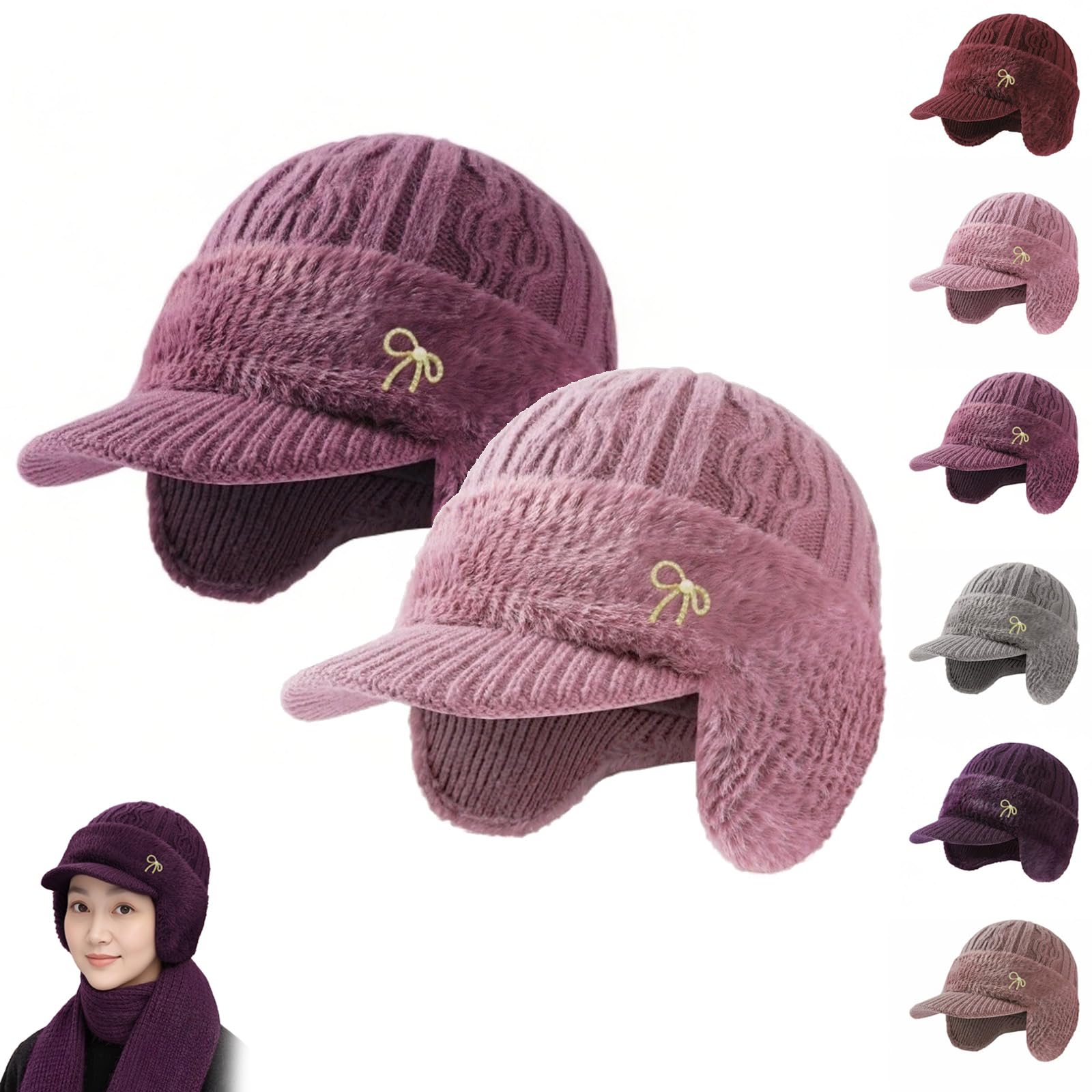 Cozy Head Beanie Winter Hats, Unisex Outdoor Fashion Elastic Ear Protection Knitted Hat With Brim And Ear Flaps Thick Fleece Lining (2PC * C)