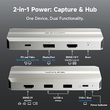 WAVLINK Video Capture Card, HDMI Capture Card for Streaming, 4k@30Hz Capture& Loop-Out, Single 4K@144Hz Display, 100W PD, Compatible with PS5/Xbox/Switch, OBS, Windows/Mac | 4k@30Hz Capture& Loop-Out, Single 4K@144Hz Display, 100W PD, Compatible with PS5/Xbox/Switch, OBS, Windows/Mac