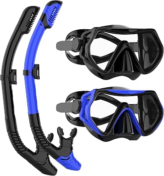 Snorkel Set Adults, JRing Snorkel Mask Set with 180 Degree Tempered Glass Anti Fog Goggles Scuba Dry Top Snorkel for Swimming, Scuba Diving Mask for Men Women