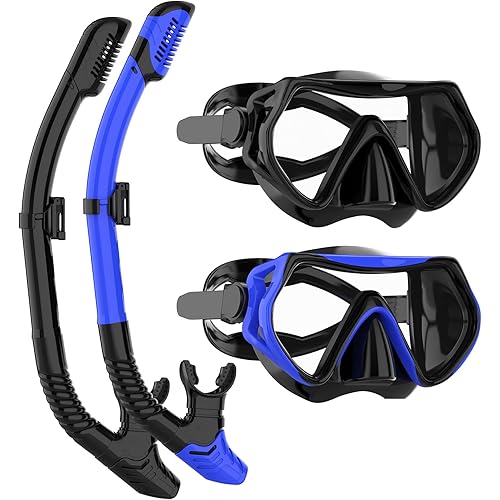 Snorkeling Gear for Adults, JRing Snorkel Mask Set with 180 Degree Tempered Glass Anti Fog Goggles Scuba Dry Top Snorkel for Swimming, Scuba Diving Mask for Men Women