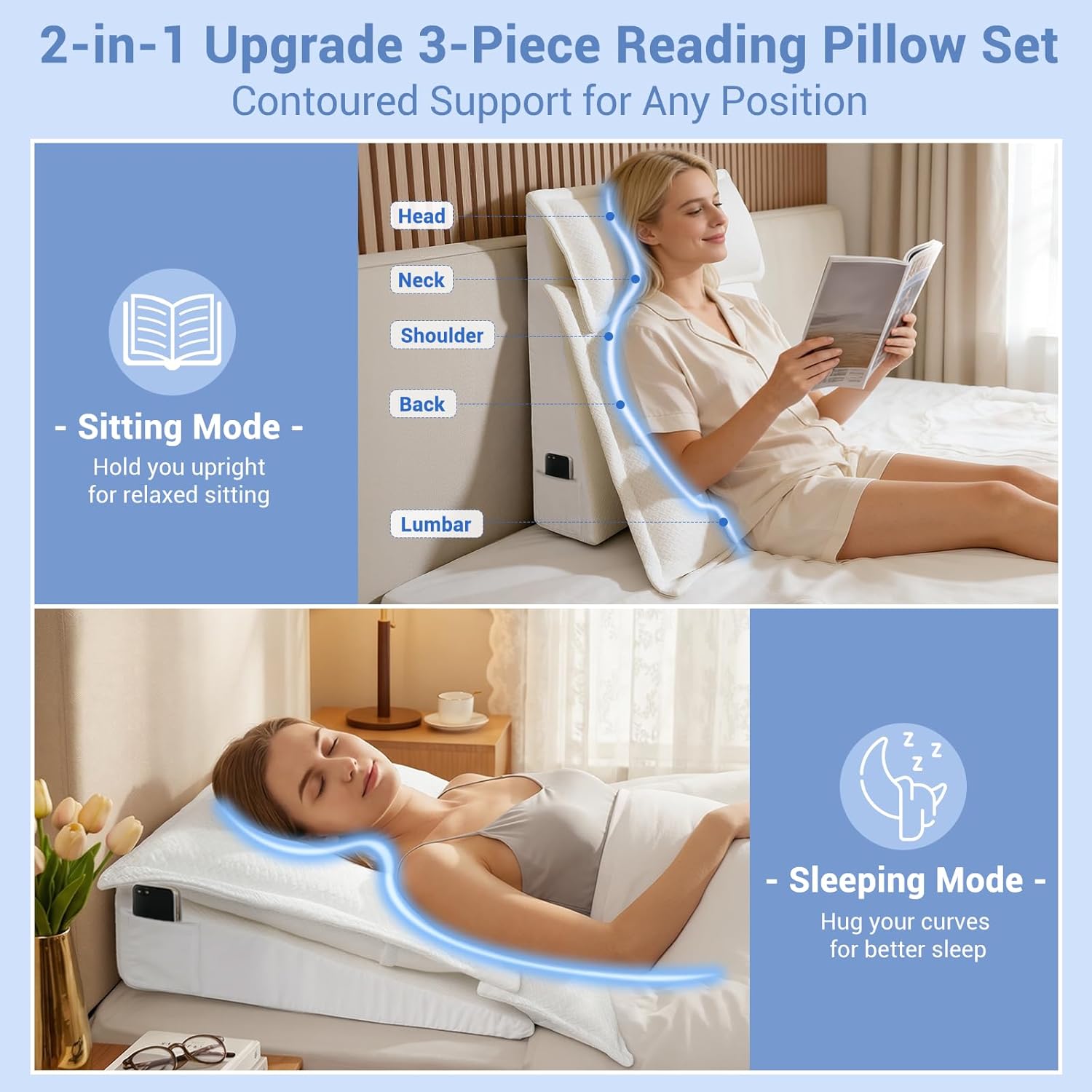 3PCS Wedge Reading Pillow for Sitting in Bed Adult, 2-in-1 Adjustable Bed Wedge Pillow for Sleeping, Ergonomic Back Support Pillow for Watching TV, Gaming, and Reading with Washable Cover - Image 3