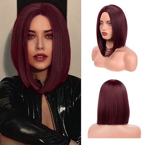 Pelucas de cabello de color rojo vino para mujer, 14 pulgadas, peluca sexy colorida para cosplay, peluca sintética natural recta en el medio, peluca