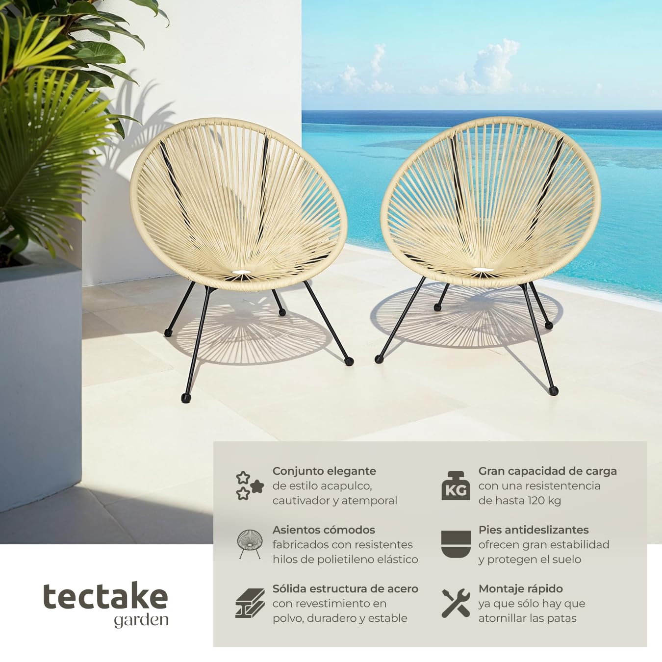 tectake® Conjunto de 2 Sillas Jardín Exterior Estilo Acapulco, Conjunto Sillas Terraza de Acero, Resistente a Intemperie, Hilos de Polietileno y Topes en Patas, Hasta 120kg, Interior/Exterior - beige