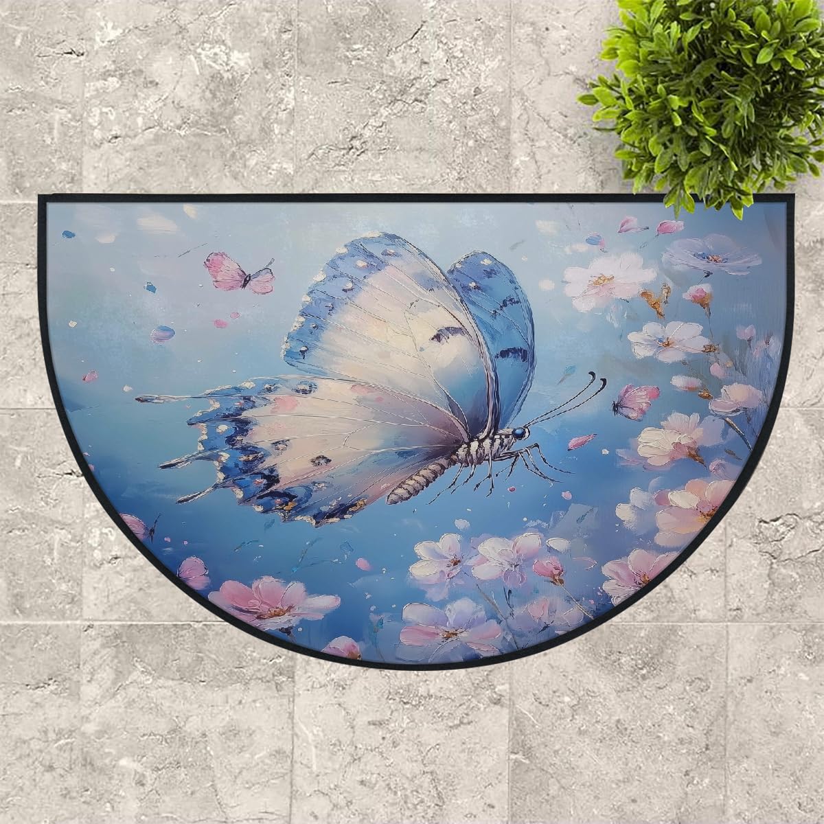 Mexpekil Paillasson demi-rond antidérapant lavable en demi-lune avec motif papillon et motif floral bleu - pour intérieur et extérieur - 100 x 160 cm