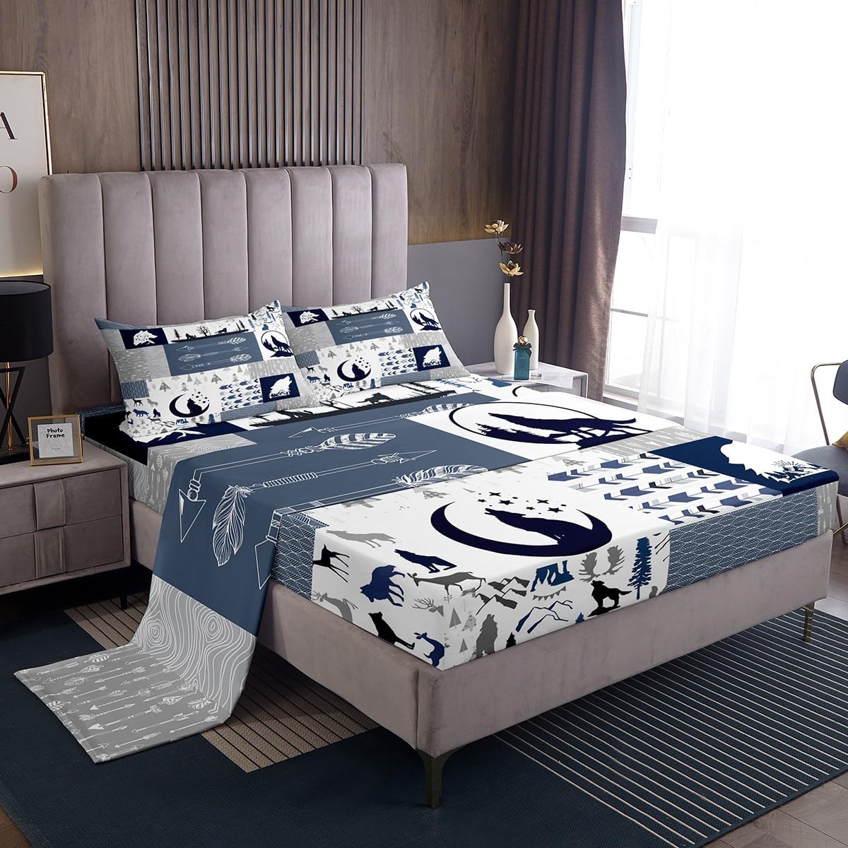 Feelyou Cute Wolf Sheets Twin Size with 1 Pillow Case Wolves Howling Bed Sheet Set Woodland Blue Bedding Set Modern Geometric Bed Sheets for Boys Girls Kids Adults