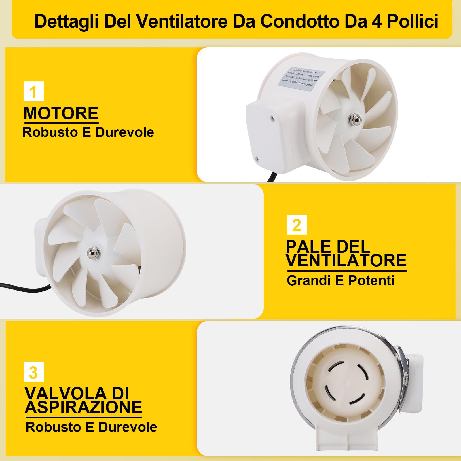 100mm/4in Ventola Aspirazione Bagno, 280 CFM 2200 RPM Professionale Aspiratore Da Bagno, Estrattore Aria In Iinea, Ventola Di Scarico Per Bagno, Tende Di Crescita, Coltura Idroponica