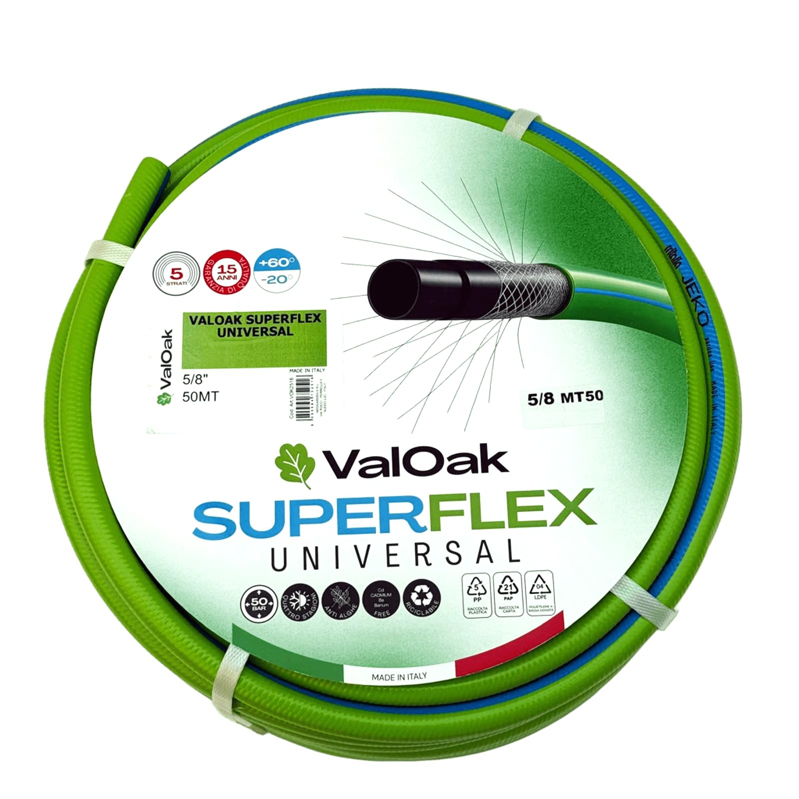 ValOak Superflex Universal Tubo Irrigazione Giardino 5/8" | PVC Atossico 5 Strati 12 Fili Antitorsione 24 Bar | Made in Italy (50 mt)