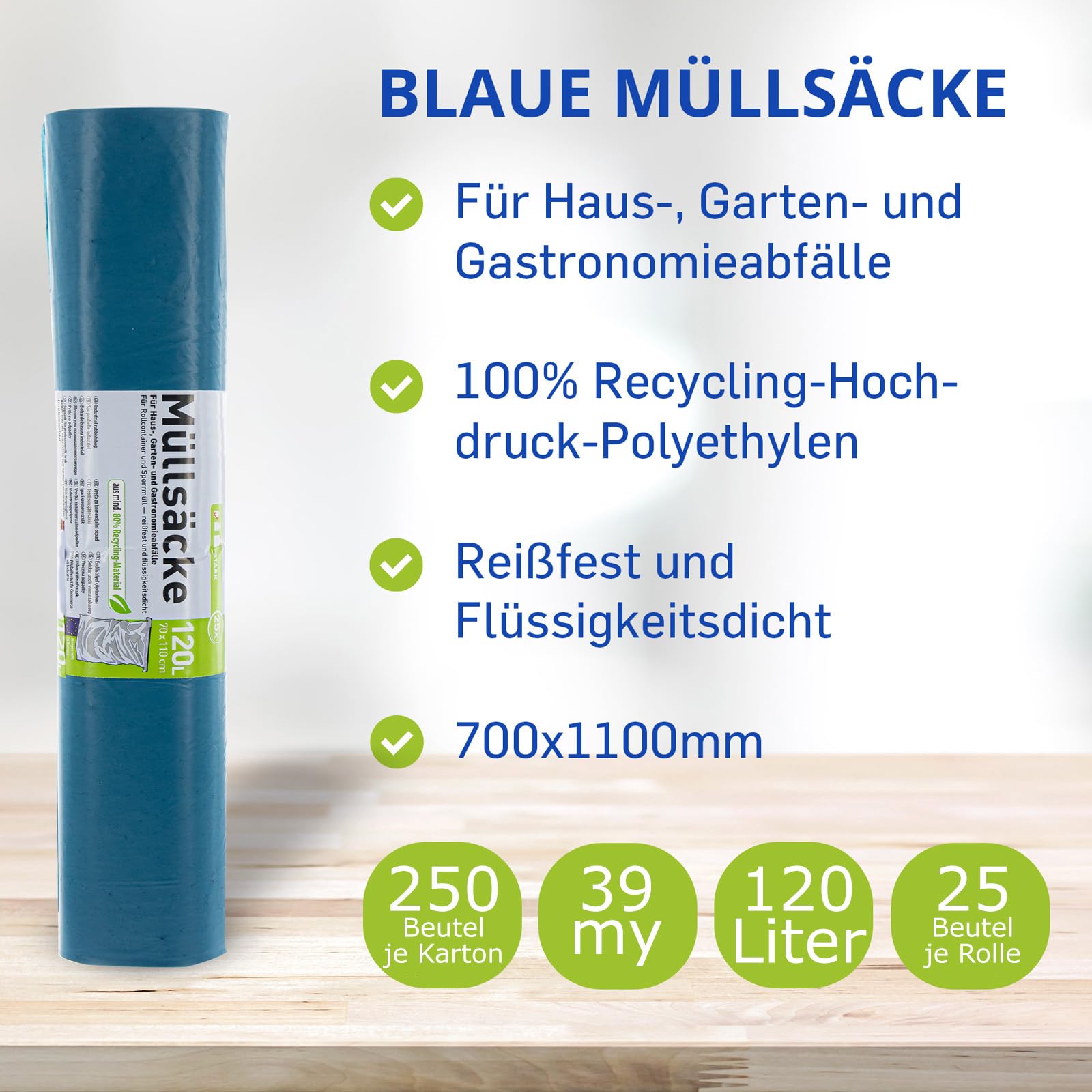 120L Müllsäcke Blau 250 Stück 39my 700x1100mm Abfallsäcke | Hossi's Wholesale 10 Rollen, LDPE, reißfest, Haushalt, Gastronomie, Gewerbe