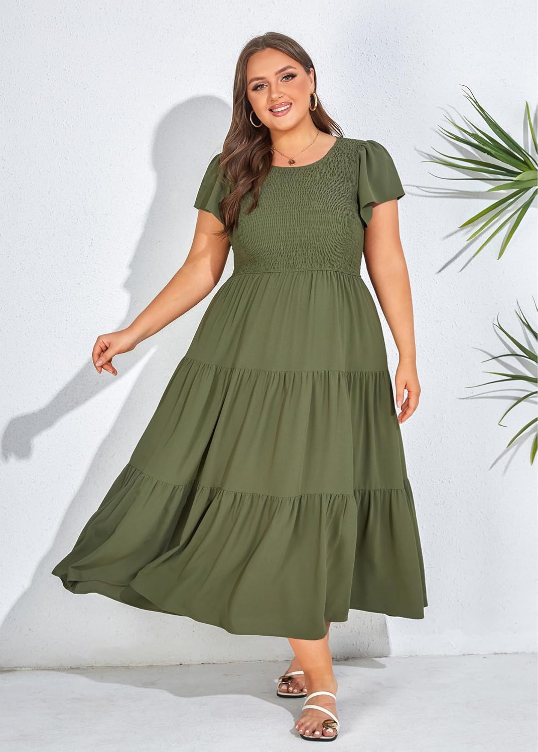 KIMCURVY Women's Plus Size Summer Casual Dress Crew Neck Flutter Short Sleeve Smocked Tiered Maxi Dress with Pockets - Image 7