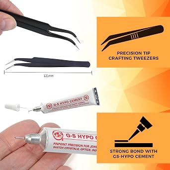 GS Hypo Cement Glue 3-Pack (9ml) with Precision Tweezers for Jewelry Making, Bead Stringing, Crafts, Watch Repair, and Model Building Fine Tip Adhesive for Precise Application