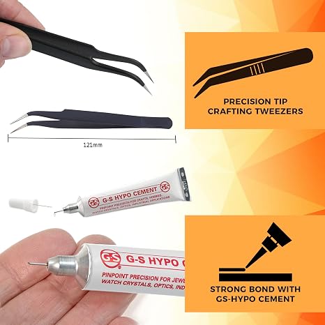 GS Hypo Cement Glue 3-Pack (9ml) with Precision Tweezers for Jewelry Making, Bead Stringing, Crafts, Watch Repair, and Model Building Fine Tip Adhesive for Precise Application