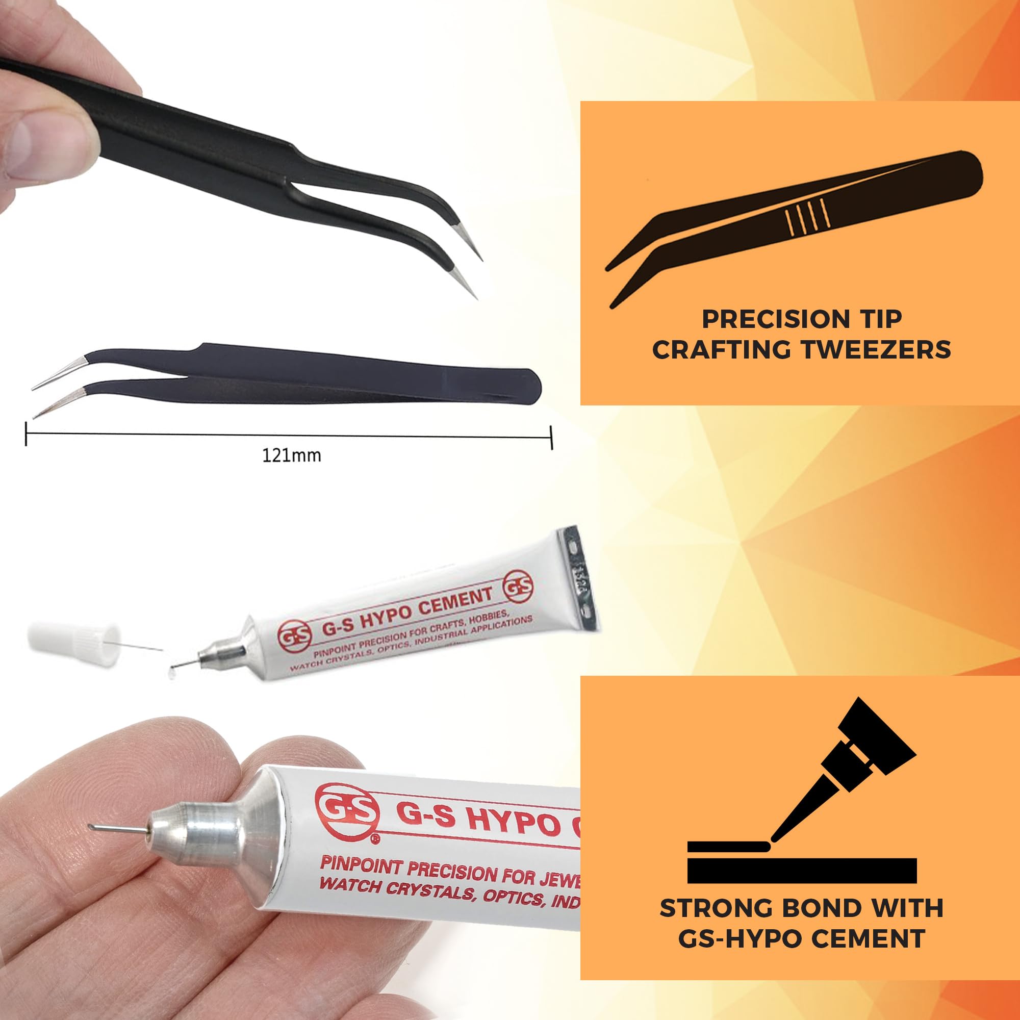 GS Hypo Cement Glue 3-Pack (9ml) with Precision Tweezers for Jewelry Making, Bead Stringing, Crafts, Watch Repair, and Model Building – Fine Tip Adhesive for Precise Application