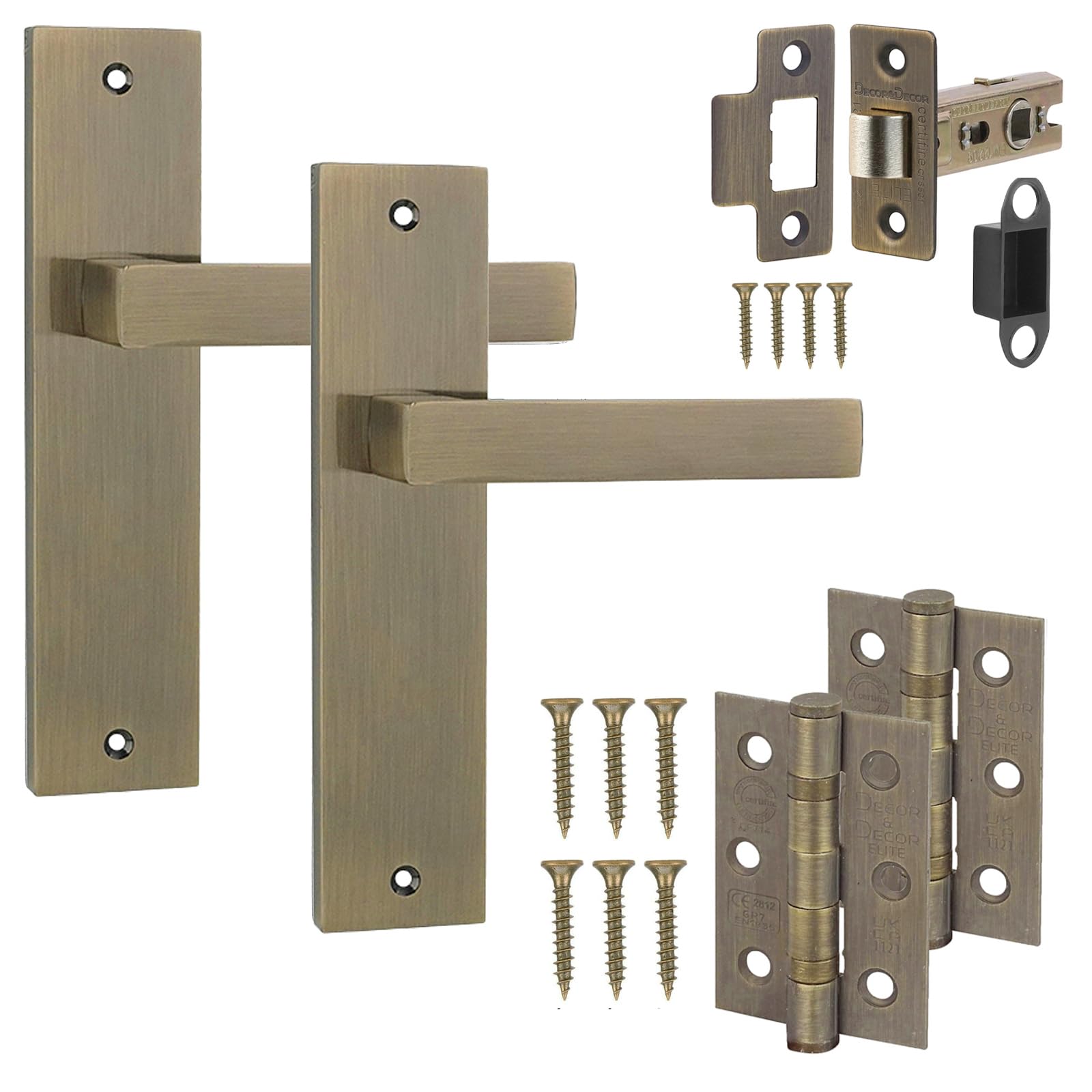 Decoranddecor Lumina Antique Brass Lever Handles on Backplate – Aluminium Internal Door Set Including 2.5in Tubular Latch and 3in Fire-Rated Hinges, Ideal for Art Deco and Contemporary Home Interiors