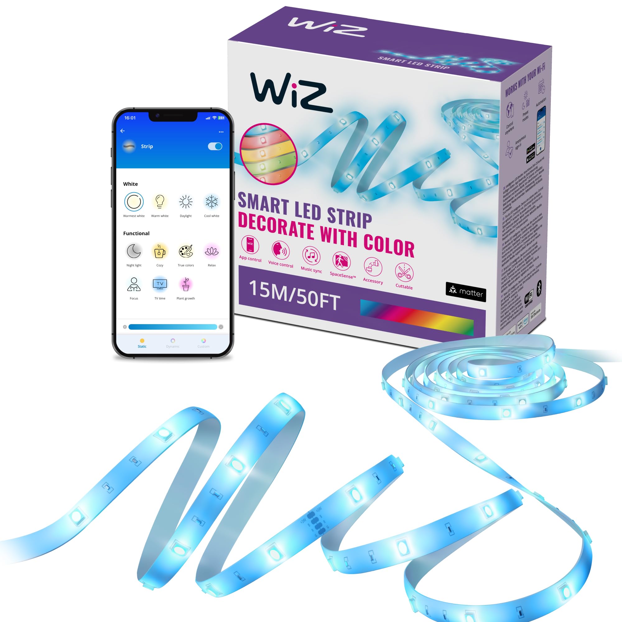 Wiz Striscia LED RGB - 15m tagliabile, 16 milioni di colori + sfumature di bianco, modalità di luce preimpostate, connessione al Wi-Fi, controllo vocale/app, funziona con Google Home, Alexa e HomeKit