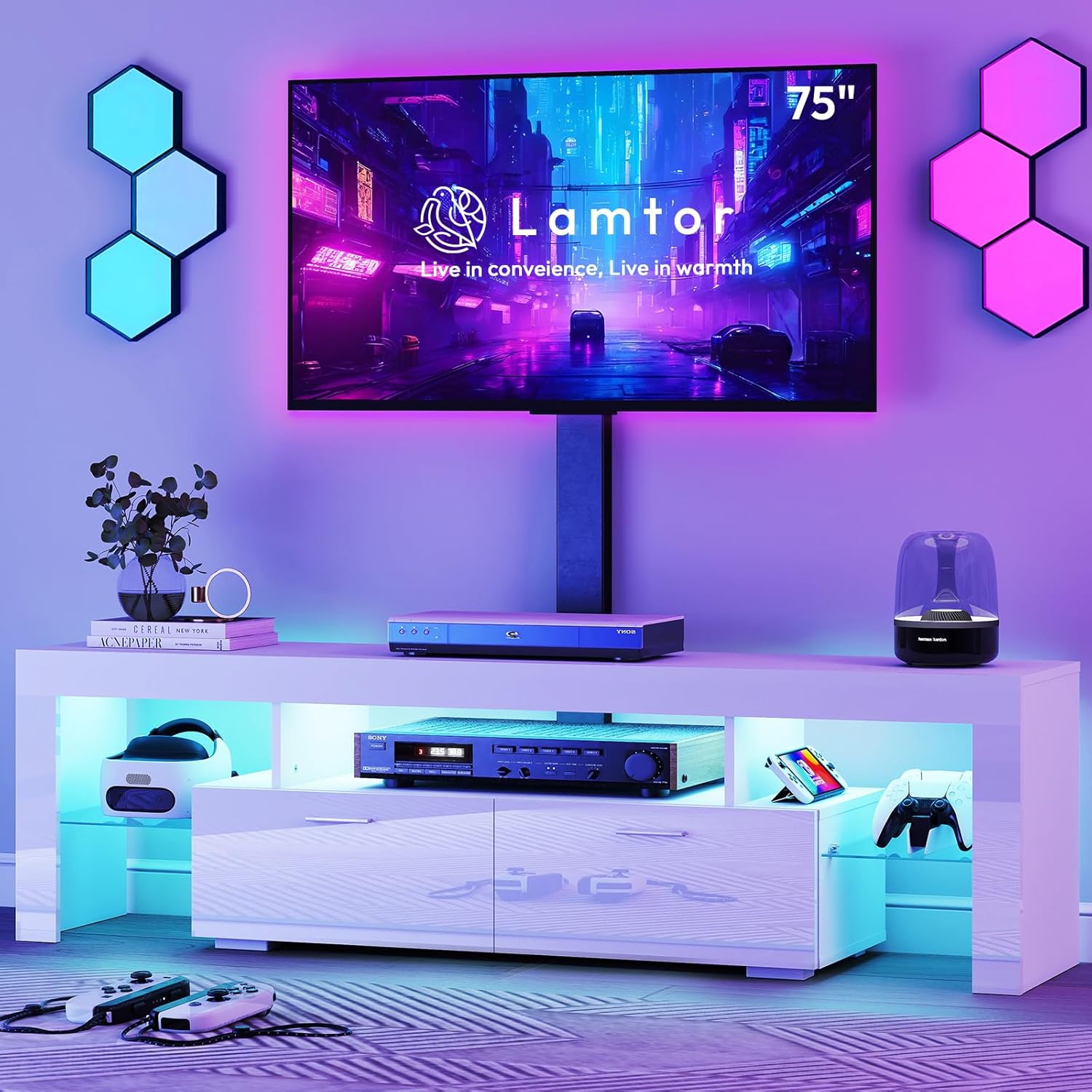 TV-Stand with Mount 75 inch - LED TV Stand with Power Outlet & Drawers, Modern Entertainment Center with Mount for Living Room, Bedroom, Pure White