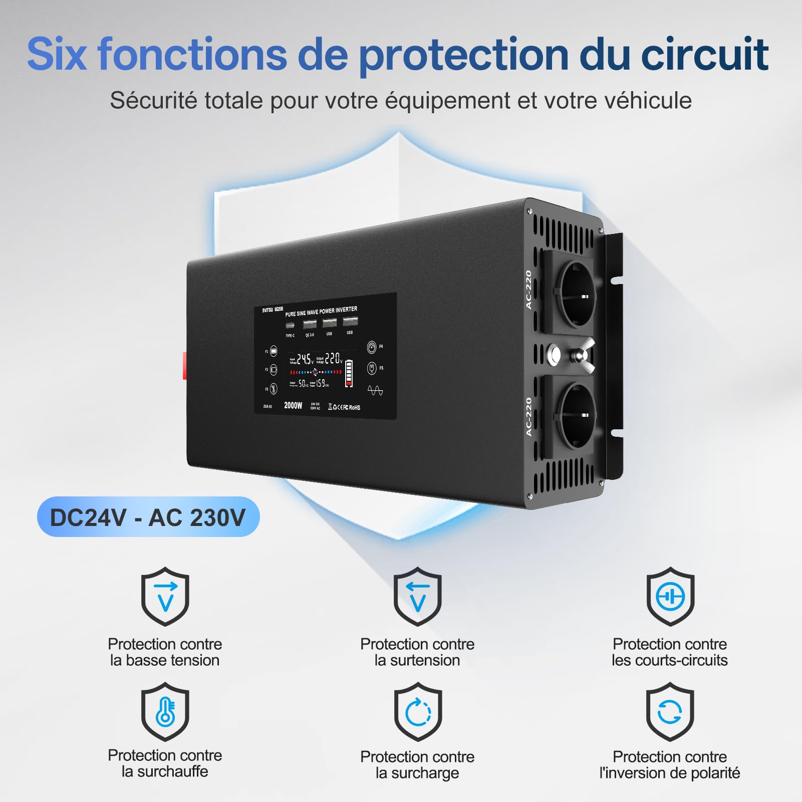 DATOUBOSS Convertisseur 24v 220v Pur Sinus 2000W，Transformateur 4000W Crête, Onduleur avec 2 Prises UE, 4 USB Ports (1x QC3.0, 1x USB-C, 2x USB-A), Tlécommande, Écran LCD，pour Voiture, Camion, Camping