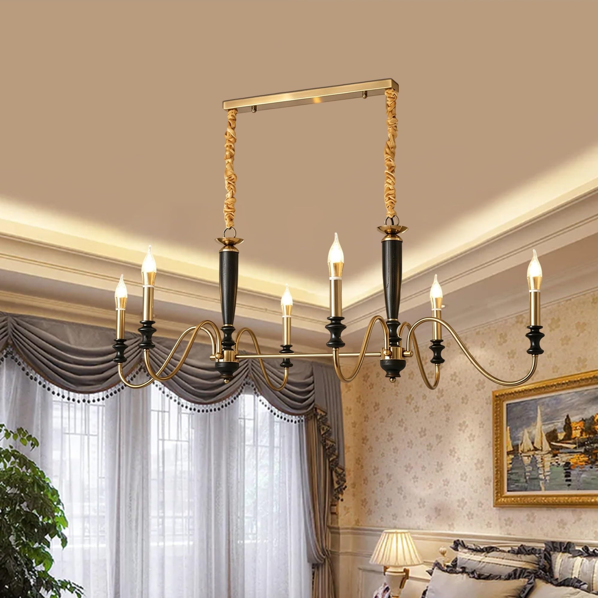 6-lampowy drewniany żyrandol, rustykalna lampa wisząca typu wiejskiego, ręcznie wykonane z litego drewna i kutego żelaza, regulowany łańcuszek do zawieszenia, do salonu, jadalni, kuchni