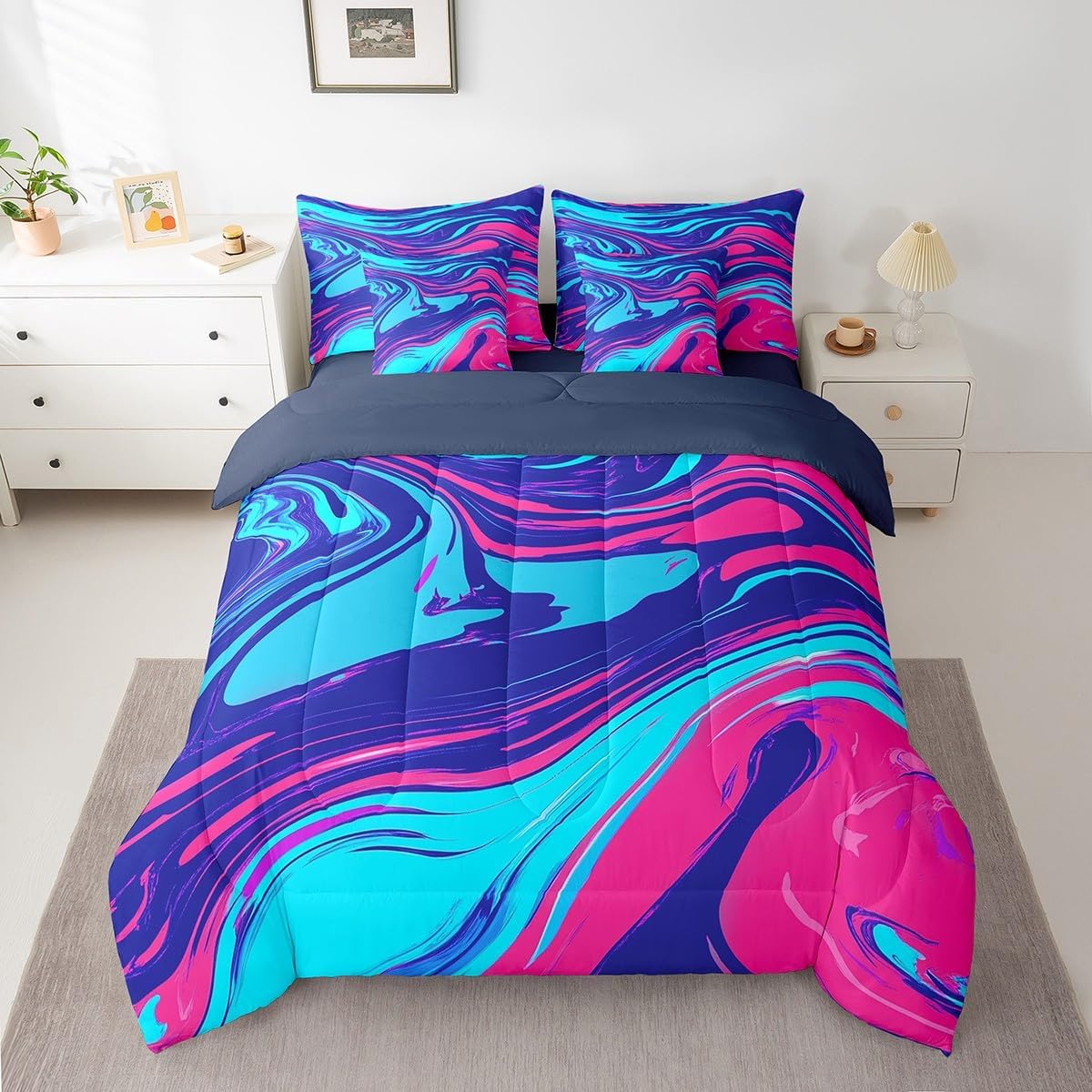 Erosebridal Ombre Ripple Queen Size Comforter Set, Abstract Modern Art Luxury Soft Kids Teens Bedding, Chic Paintings Graffiti Bedding Comforter Sets Bed in a Bag, Purple Pink Gradient Bed Sheets Set