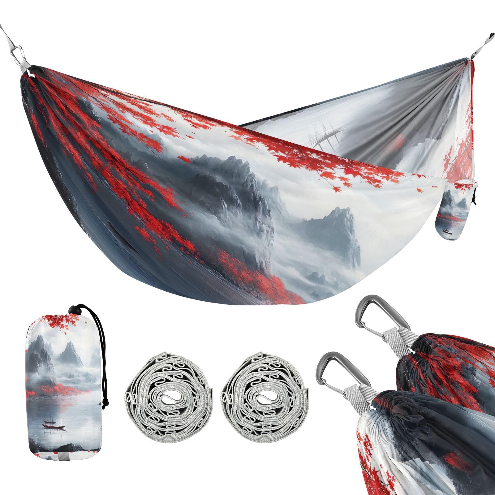 Haskirky Chinese Style Ink Painting Camping Hammock, Single Portable Hammocks with Tree Straps & Attached Carry Bag, 330Lbs Capacity Perfect for Outside Indoor Hiking Beach Backpack Travel