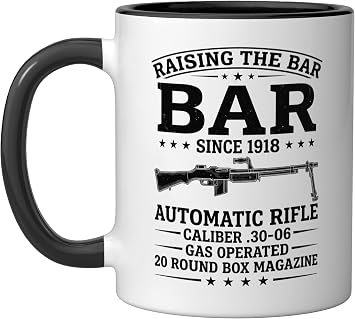 M1918 BAR WWII Vintage Label "RAISING THE BAR" Graphic Ceramic Mug, Black/White