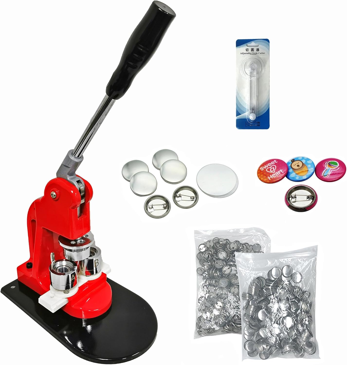 Chibuttons Kit 25mm (1”) Button Badge Press Machine Maker-1 + 25mm Round Die Moulds + Adjustable Circle Cutter + 500 Pin-Back Button Components