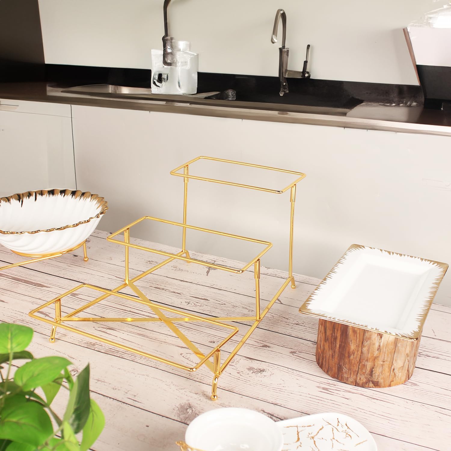 3-Tier Serving Rack with Ceramic Serving Tray, Foldable Gold Stand with 3 Pieces 10.2"/11.8"/13.8" Gold Rim Large Plates for Food Display, Fruit, Dessert Server Display and Entertaining
