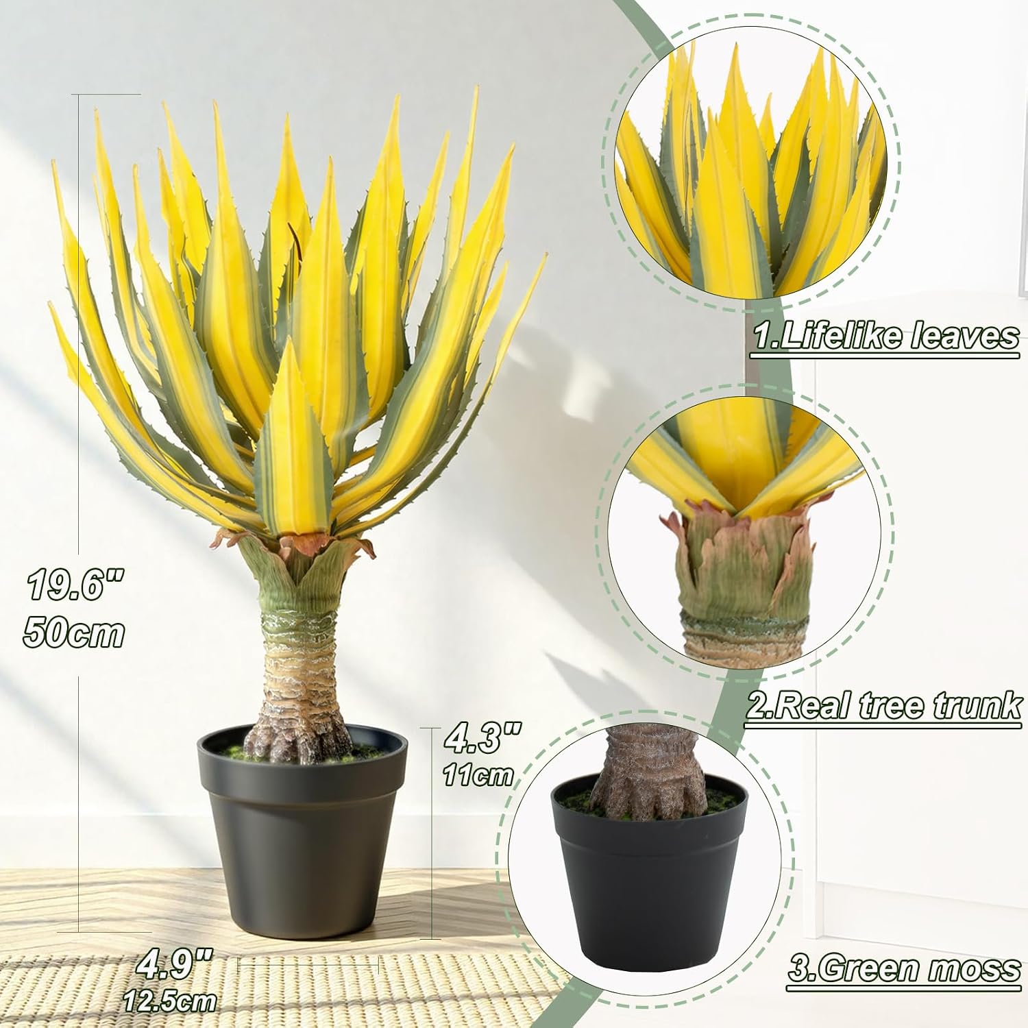 Artificial Green Edged Gold Leaf Spiny Agave Plant with 23 Leaves, 19.68in Faux Agave for Indoor & Outdoor Home Decor Perfect for Porch Living Room Bedroom Patio & Office