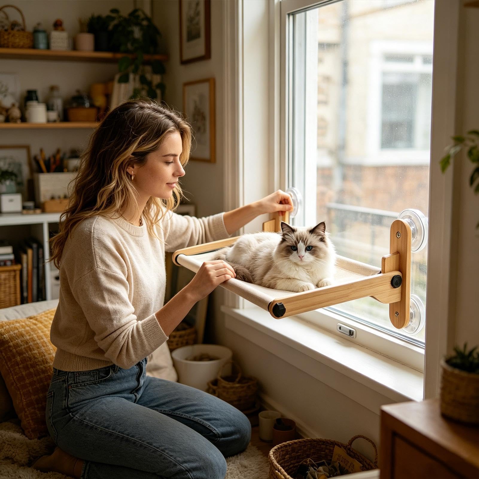 Posatoio da finestra per gatti con ventose | Amaca da finestra per gatto a rete traspirante regolabile multistagionale Appartamento, Balcone, Davanzale, Lato , Casa, e