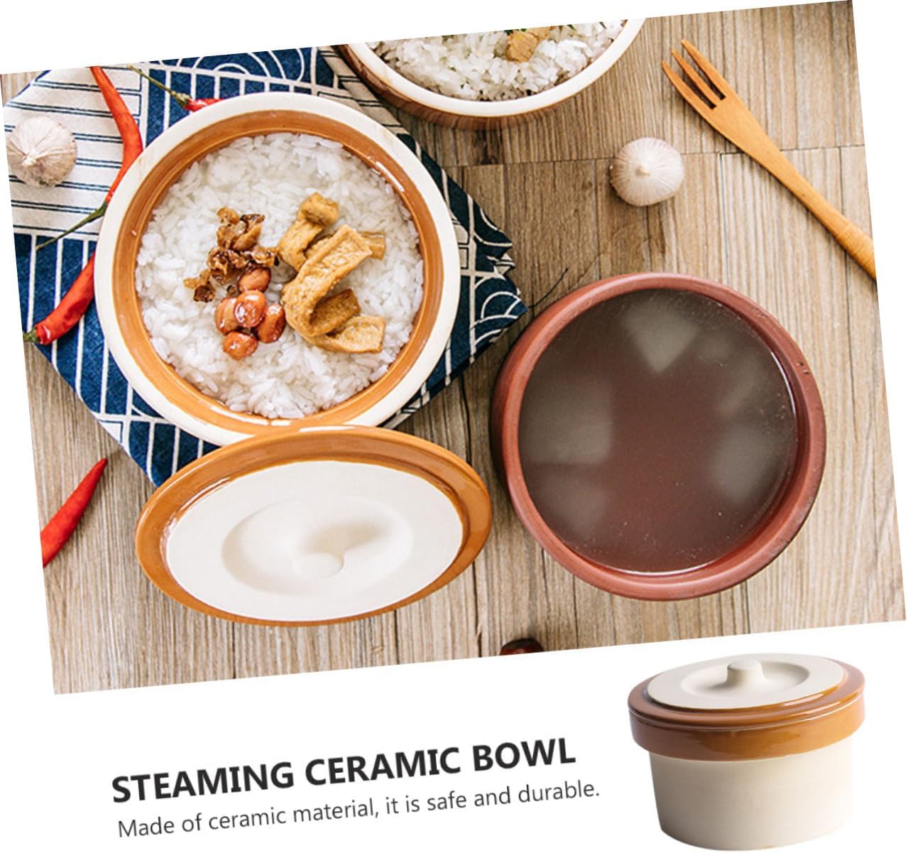 PRETYZOOM 2pcs Ceramic Stewing Bowl with Lid Practical Soup Bowl for Home Use - Kitchen Tableware for Steaming Rice and Eggs Vintage Texture Design