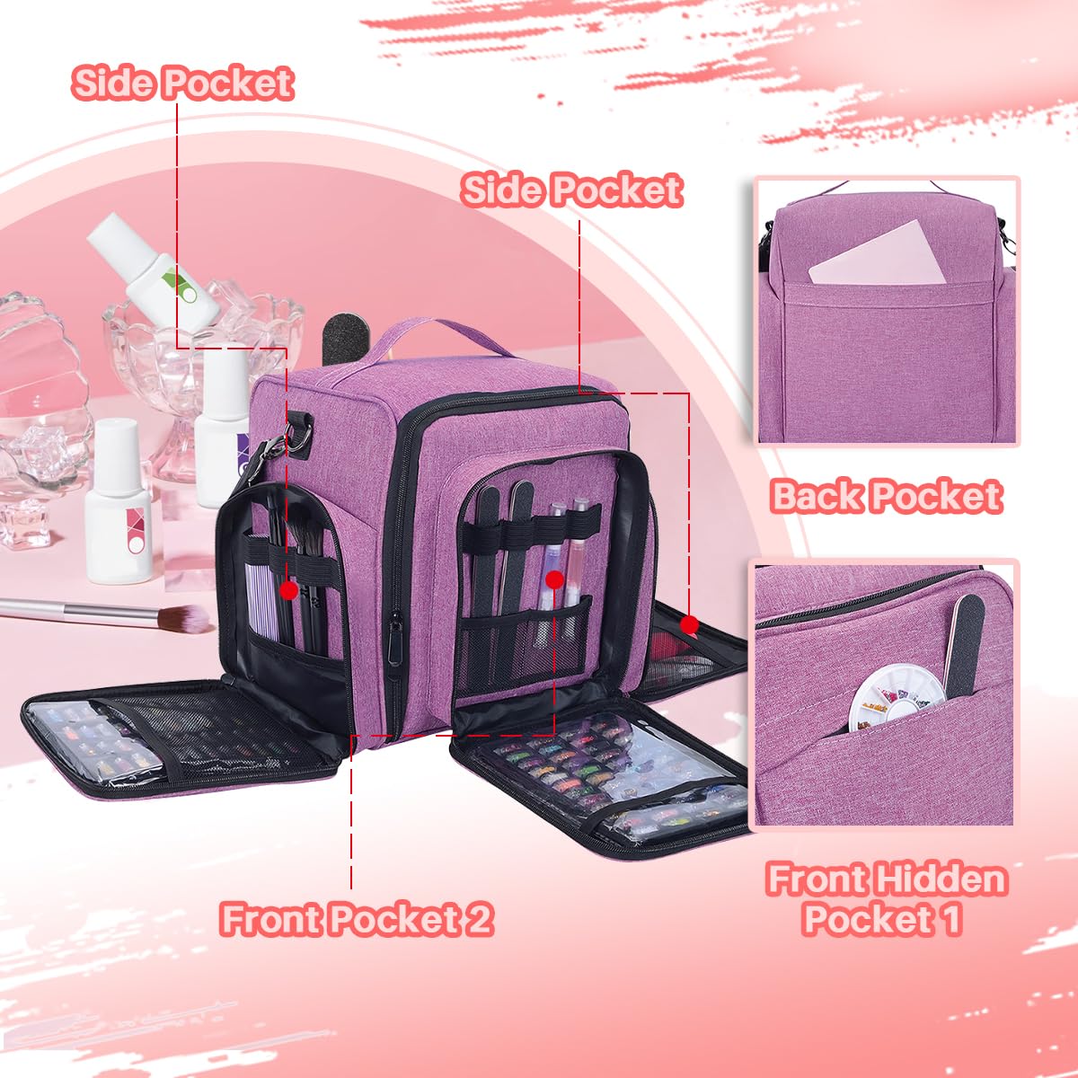 Estuche organizador de esmalte de uñas con capacidad para 90 botellas, caja de almacenamiento portátil de viaje con 3 bolsas desmontables, diseñada para herramientas de uñas de mujer, aceites