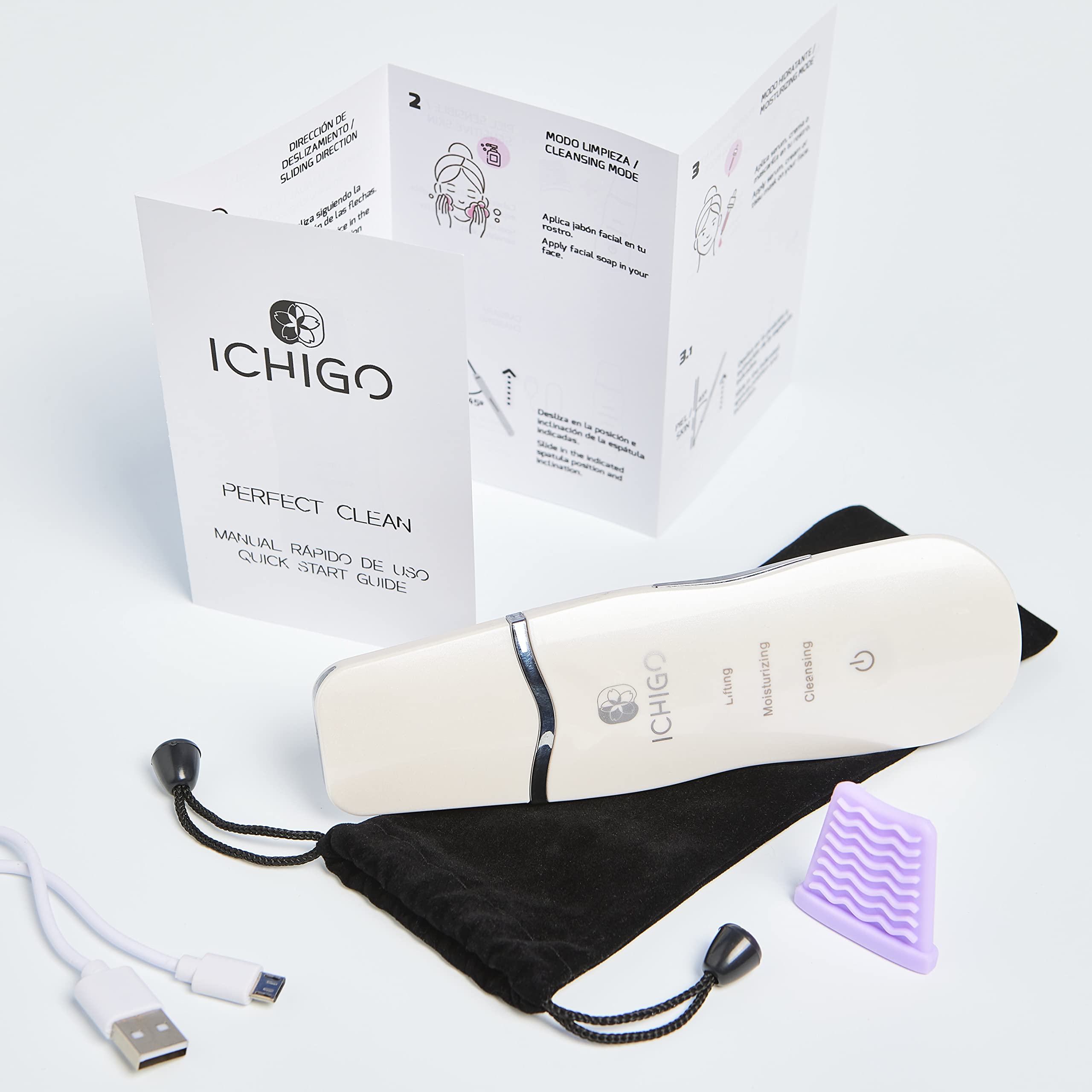 ICHIGO PERFECT CLEAN - Limpiador ultrasónico 4 en 1 función de iones, vibración, fototerapia LED y EMS limpia, exfolia, hidrata y tensa.Accesorio de silicona piel sensible. USB y 3 años de garantía.